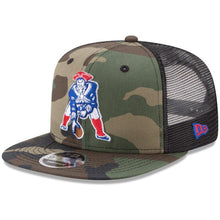 Load image into Gallery viewer, New Era New England Patriots Woodland Camo/Black Throwback Logo Trucker 9FIFTY Snapback Adjustable Hat
