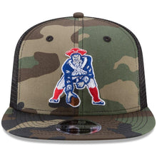 Load image into Gallery viewer, New Era New England Patriots Woodland Camo/Black Throwback Logo Trucker 9FIFTY Snapback Adjustable Hat