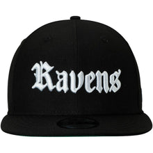 Load image into Gallery viewer, New Era Baltimore Ravens Black Gothic Script 9FIFTY Adjustable Snapback Hat